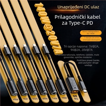 Type-C PD adapter kabel s automatskim prepoznavanjem ulaza 5V/9V/20V, PD izlaz do 140W, duljina kabla 17 cm
