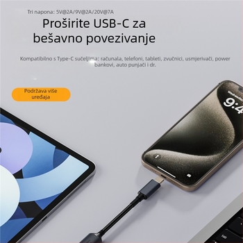 Type-C PD adapter kabel s automatskim prepoznavanjem ulaza 5V/9V/20V, PD izlaz do 140W, duljina kabla 17 cm
