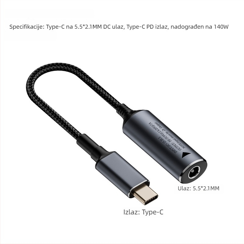 Type-C PD adapter kabel s automatskim prepoznavanjem ulaza 5V/9V/20V, PD izlaz do 140W, duljina kabla 17 cm