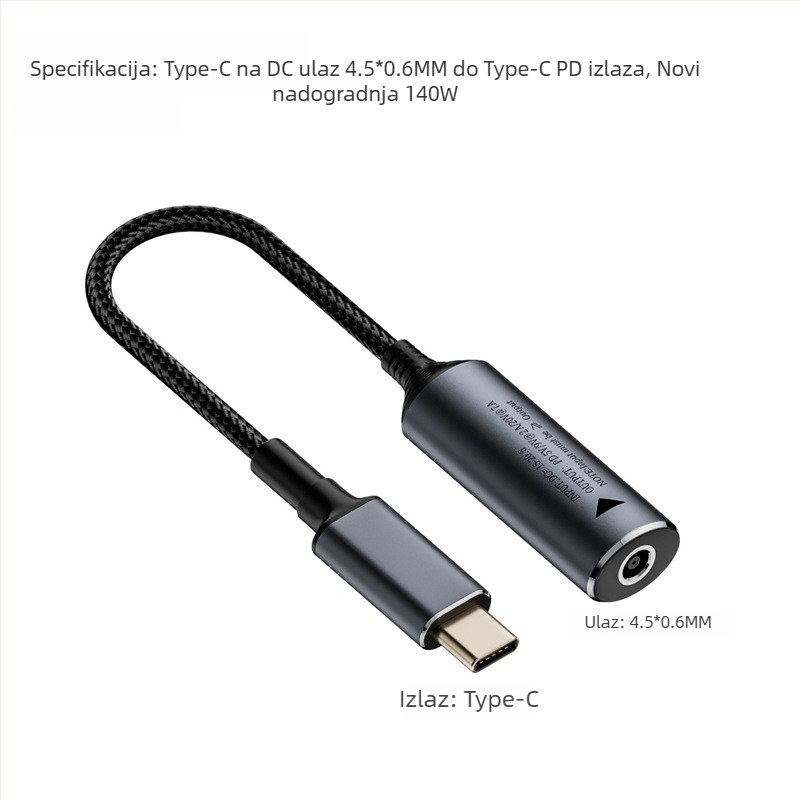 Type-C PD adapter kabel s automatskim prepoznavanjem ulaza 5V/9V/20V, PD izlaz do 140W, duljina kabla 17 cm