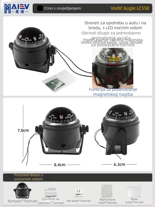 Maiev LC760 mornarski kompas s prilagodljivom magnetskom deklinacijom za palubu (automobil/brod)