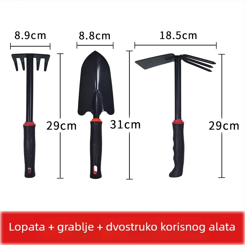 Set alata za vrtlarstvo, tri dijela, od željeza, za sadnju cvijeća i povrća, prokopavanje tla, otpuštanje tla i plijevljenje