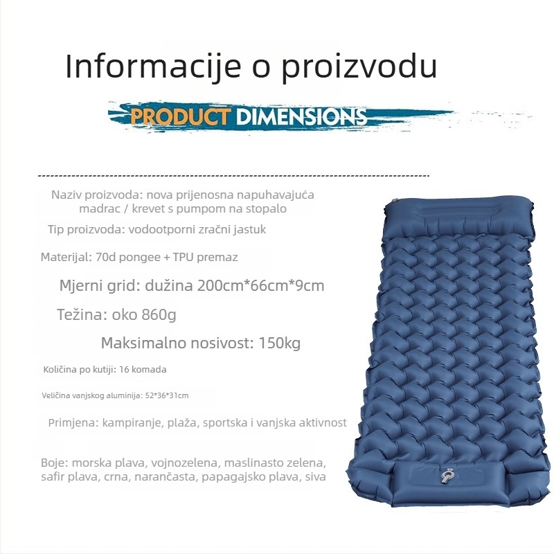 Kamperski napuhljivi madrac s pedalom pumpom – težina 860 g; nosivost 150 kg; površina 70D TPU premaz