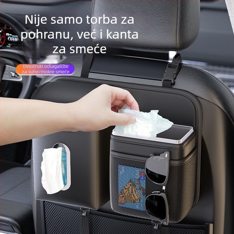 Kožni viseći organizator za stražnja sjedala automobila, koš za smeće i držač maramica, univerzalno kompatibilan, viseći dizajn