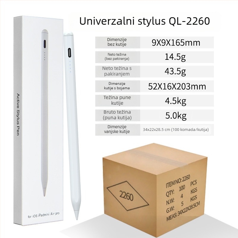 Kapacitivni stylus s indikatorom svjetla za iPad i dodirne uređaje Android/Windows; paket uključuje: stylus, priručnik, USB kabel, 2 vrhova