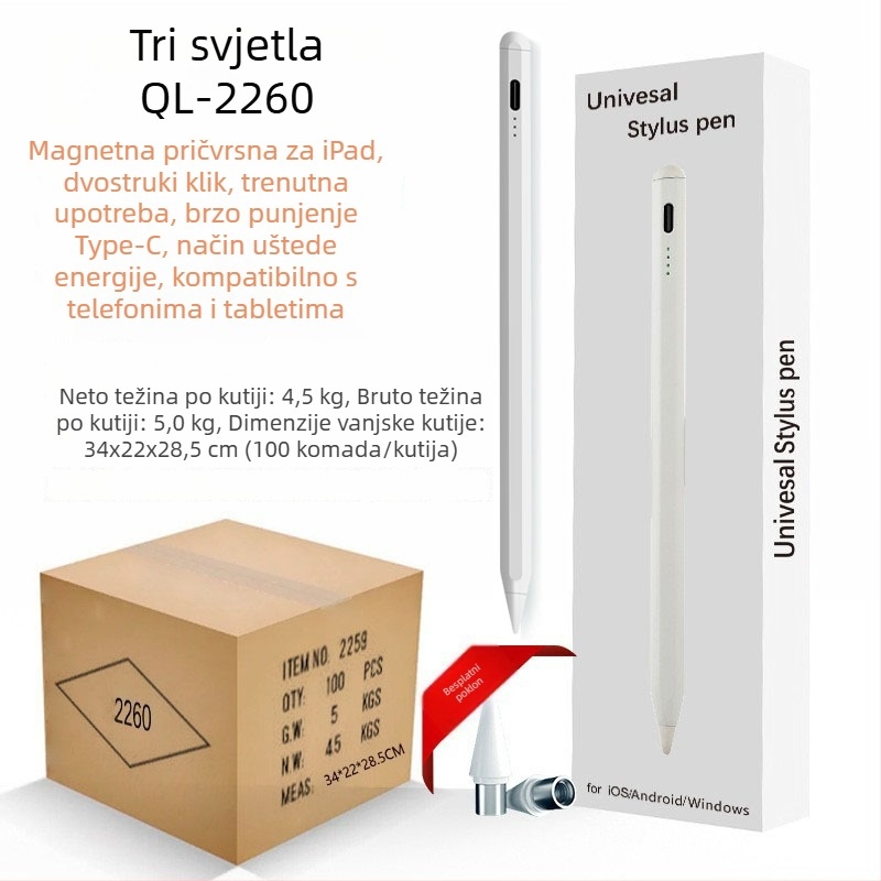 Kapacitivni stylus s indikatorom svjetla za iPad i dodirne uređaje Android/Windows; paket uključuje: stylus, priručnik, USB kabel, 2 vrhova