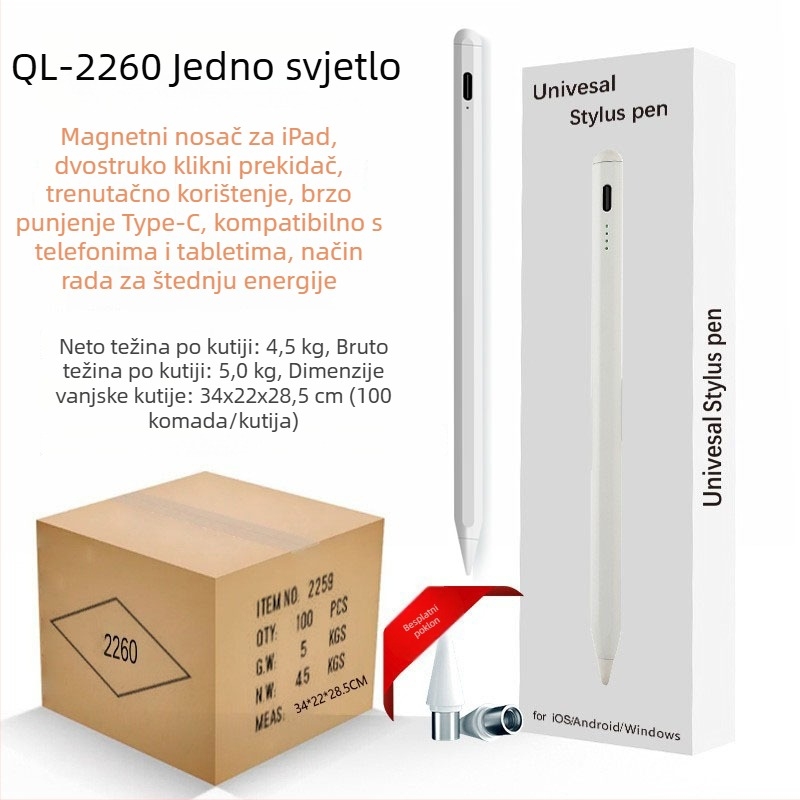 Kapacitivni stylus s indikatorom svjetla za iPad i dodirne uređaje Android/Windows; paket uključuje: stylus, priručnik, USB kabel, 2 vrhova