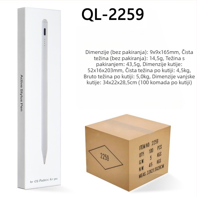 Kapacitivni stylus s indikatorom svjetla za iPad i dodirne uređaje Android/Windows; paket uključuje: stylus, priručnik, USB kabel, 2 vrhova
