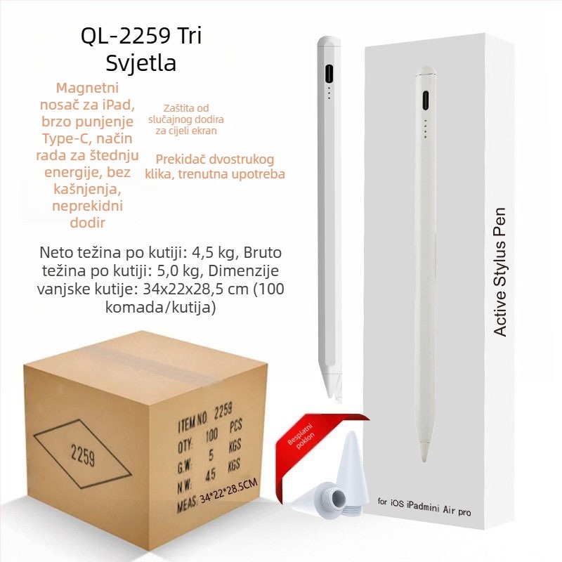 Kapacitivni stylus s indikatorom svjetla za iPad i dodirne uređaje Android/Windows; paket uključuje: stylus, priručnik, USB kabel, 2 vrhova