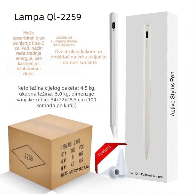 Kapacitivni stylus s indikatorom svjetla za iPad i dodirne uređaje Android/Windows; paket uključuje: stylus, priručnik, USB kabel, 2 vrhova