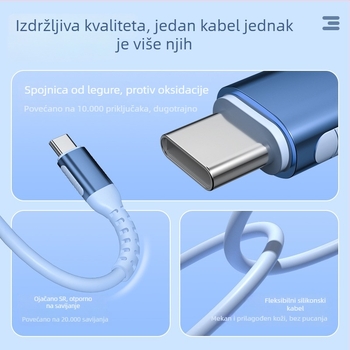 Mekana žica za punjenje od tekućeg silicija za Android i Apple uređaje; kompatibilno s tabletima i prijenosnim računalima; USB Type-C brzo punjenje i prijenos podataka