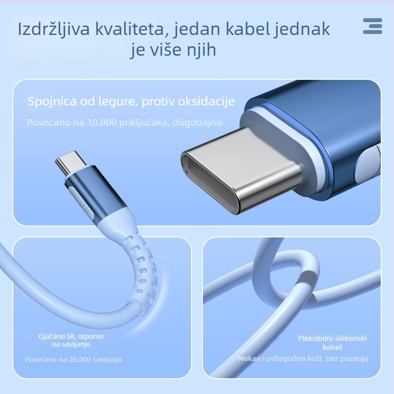 Mekana žica za punjenje od tekućeg silicija za Android i Apple uređaje; kompatibilno s tabletima i prijenosnim računalima; USB Type-C brzo punjenje i prijenos podataka