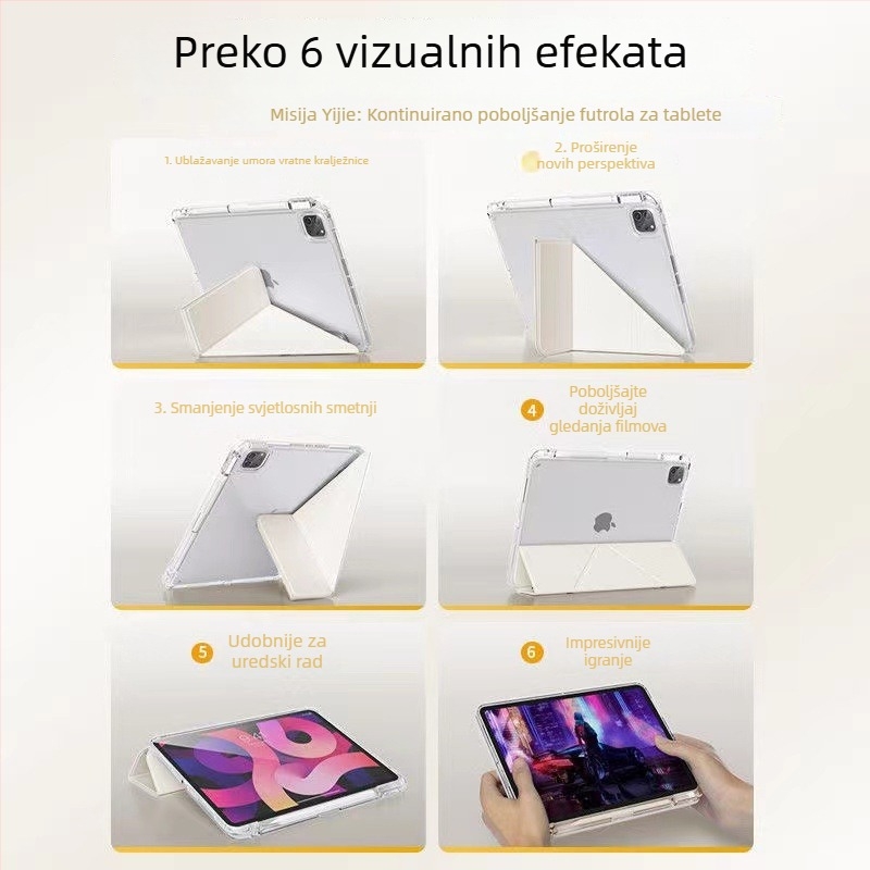 Prozirna akrilna zaštita za iPad s magnetskim zatvaranjem i Y‑stojanom, kompatibilna s iPad Air 5 i 9. generacijom, džep za olovku, zaštita od savijanja