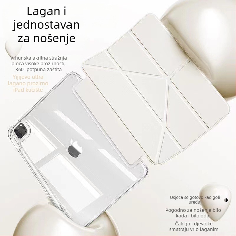 Prozirna akrilna zaštita za iPad s magnetskim zatvaranjem i Y‑stojanom, kompatibilna s iPad Air 5 i 9. generacijom, džep za olovku, zaštita od savijanja