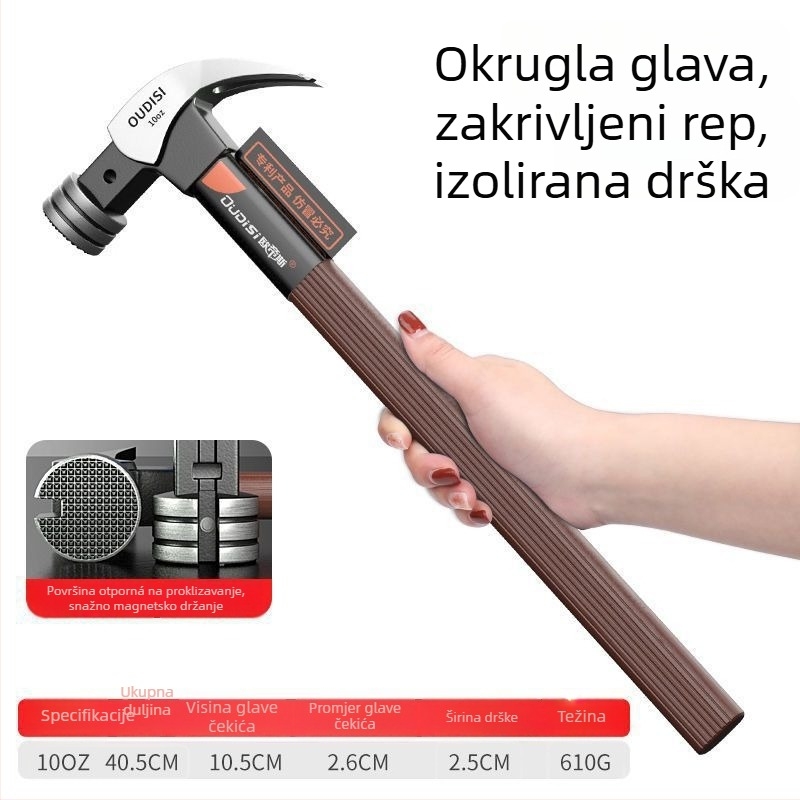 Čekić s izoliranim držačem za električare, kandža za vađenje eksera, glava od visokougljičnog čelika, industrijske klase