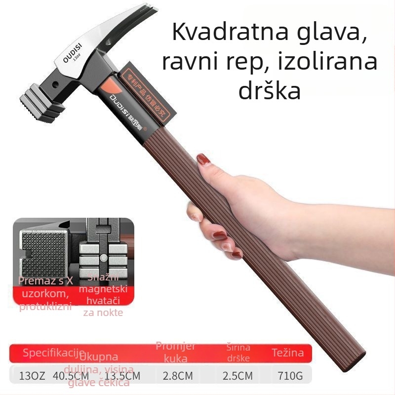 Čekić s izoliranim držačem za električare, kandža za vađenje eksera, glava od visokougljičnog čelika, industrijske klase