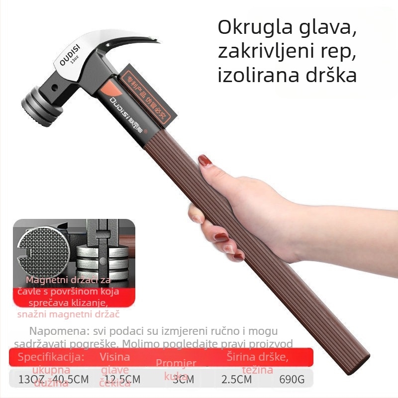 Čekić s izoliranim držačem za električare, kandža za vađenje eksera, glava od visokougljičnog čelika, industrijske klase