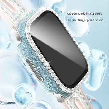 Kućište za Apple Watch od PC-a i kože, folija od kaljenog filma, dijamanti u jednom redu