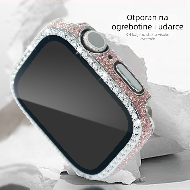 Kućište za Apple Watch od PC-a i kože, folija od kaljenog filma, dijamanti u jednom redu