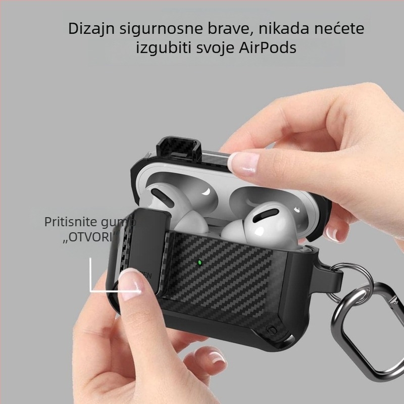 Shell Valley TPU futrola za AirPods Pro 2 s prekidačem zaključavanja, karbonska vlakna, otporna na padove, protiv gubitka