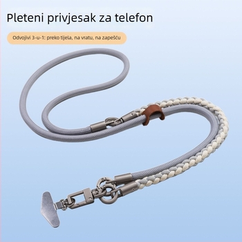 Pletena kaiš za telefon – 3-u-1 nošenje preko tijela, na vratu ili zapešću, odvojivi dizajn, metalna kopča, unisex, mogućnost otiska logotipa