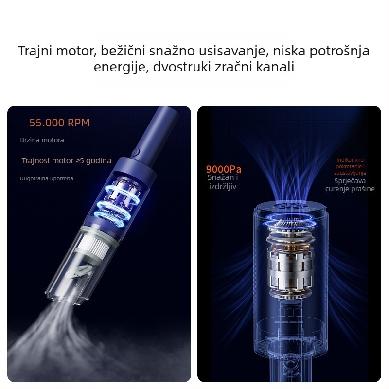 Prijenosni bežični ručni usisavač za automobil, 12V, 60W, 6000Pa usisnog tlaka