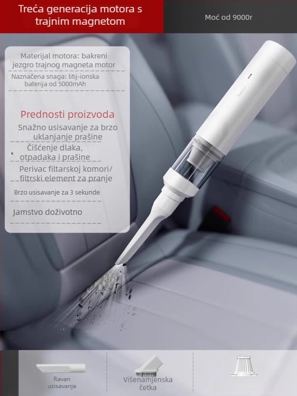 Ručni usisavač za automobil — 90W, 20000Pa usis, punjivi, kabel duljine 3 m
