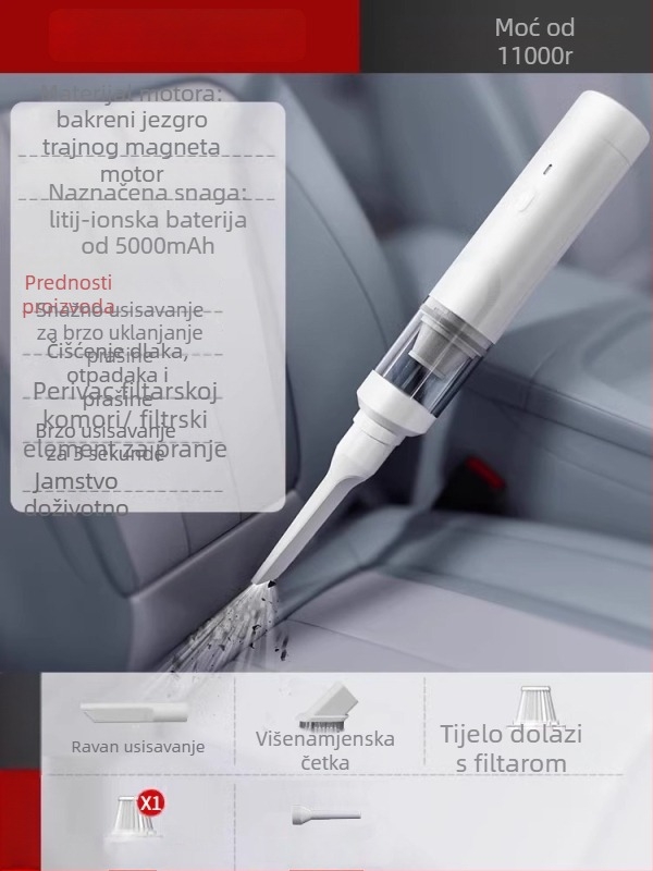 Ručni usisavač za automobil — 90W, 20000Pa usis, punjivi, kabel duljine 3 m