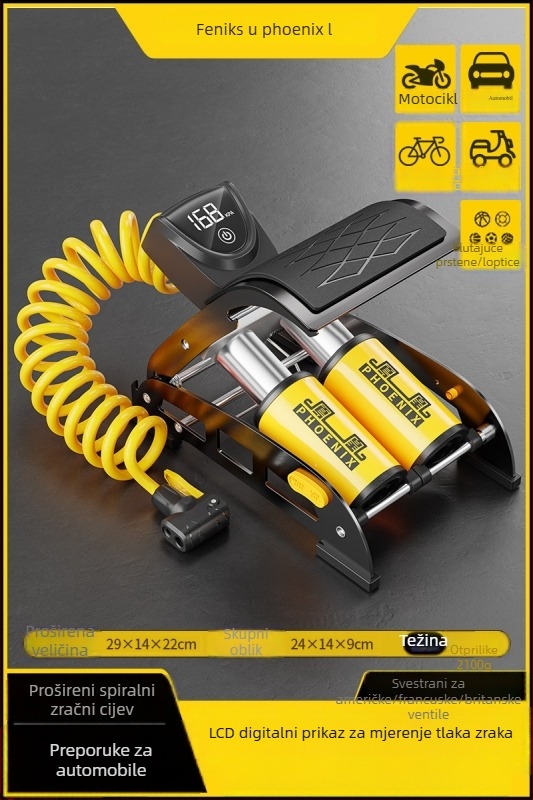 Phoenix pedalama pumpa za automobile i bicikle, dvostruki cilindar, bez električne struje, 30 L/min, digitalni zaslon i manometar