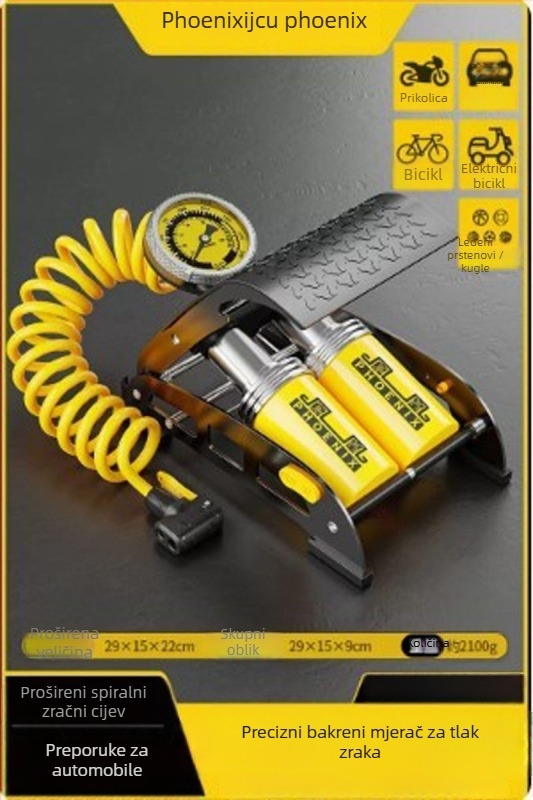 Phoenix pedalama pumpa za automobile i bicikle, dvostruki cilindar, bez električne struje, 30 L/min, digitalni zaslon i manometar