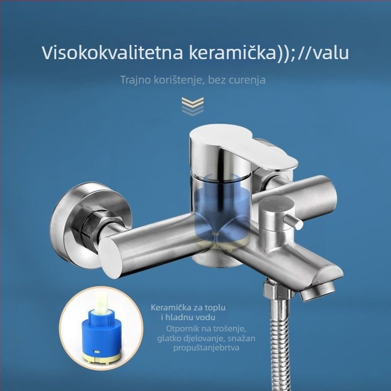 Nerđajući čelik, ugrađeni u zid, tuš i kada miješalica s trostrukim upravljanjem, keramički jezgreni ventil, 0–90°C