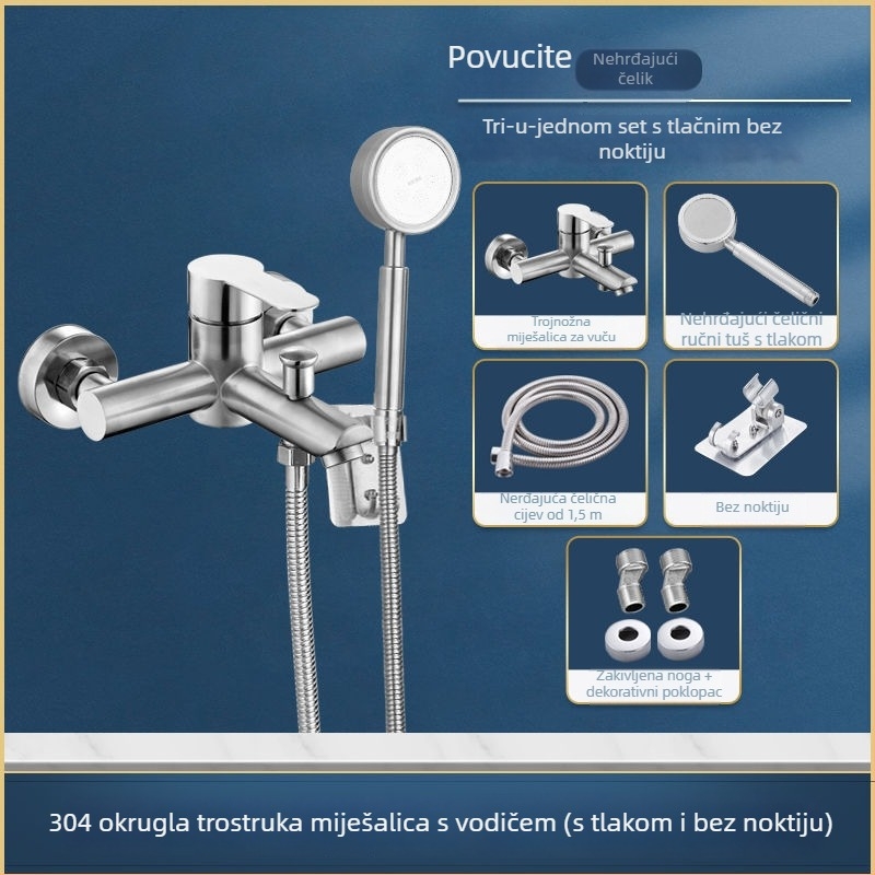 Nerđajući čelik, ugrađeni u zid, tuš i kada miješalica s trostrukim upravljanjem, keramički jezgreni ventil, 0–90°C
