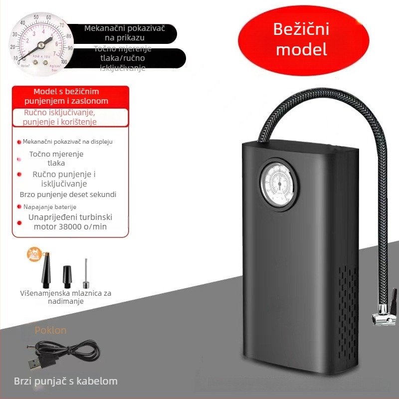 Prenosna pumpa za zrak u automobilu, punjiva, 12V, 100W, 30 L/min, digitalni zaslon