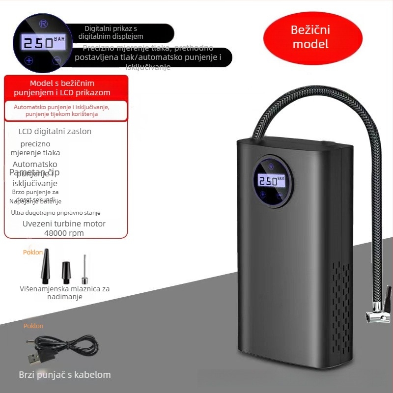 Prenosna pumpa za zrak u automobilu, punjiva, 12V, 100W, 30 L/min, digitalni zaslon