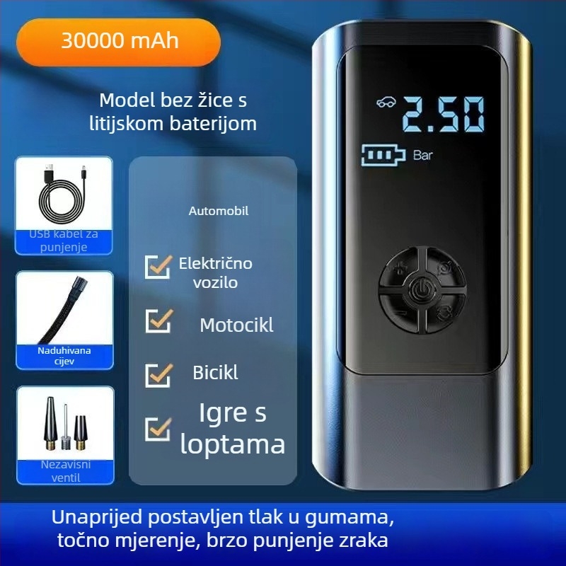 Prenosna pumpa za zrak u automobilu, punjiva, 12V, 100W, 30 L/min, digitalni zaslon