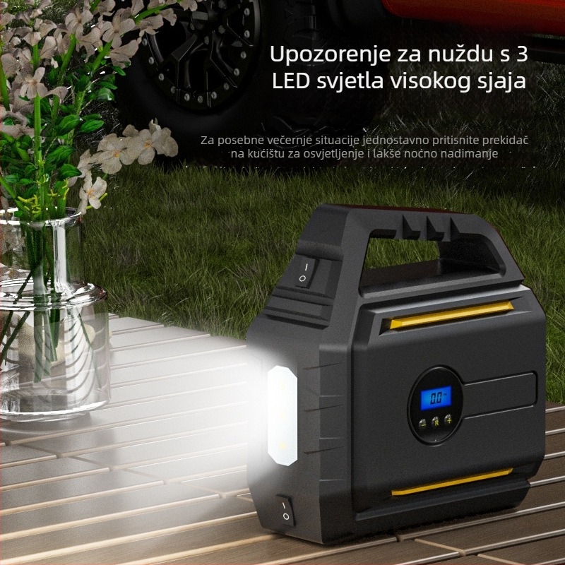 Automobilska pumpa za zrak s ugrađenim izvorom napajanja i power bankom – prenosna sve-u-jednom jedinica, 12V, 120W, kabel 2,8 m, 60 cm cijev, digitalni zaslon