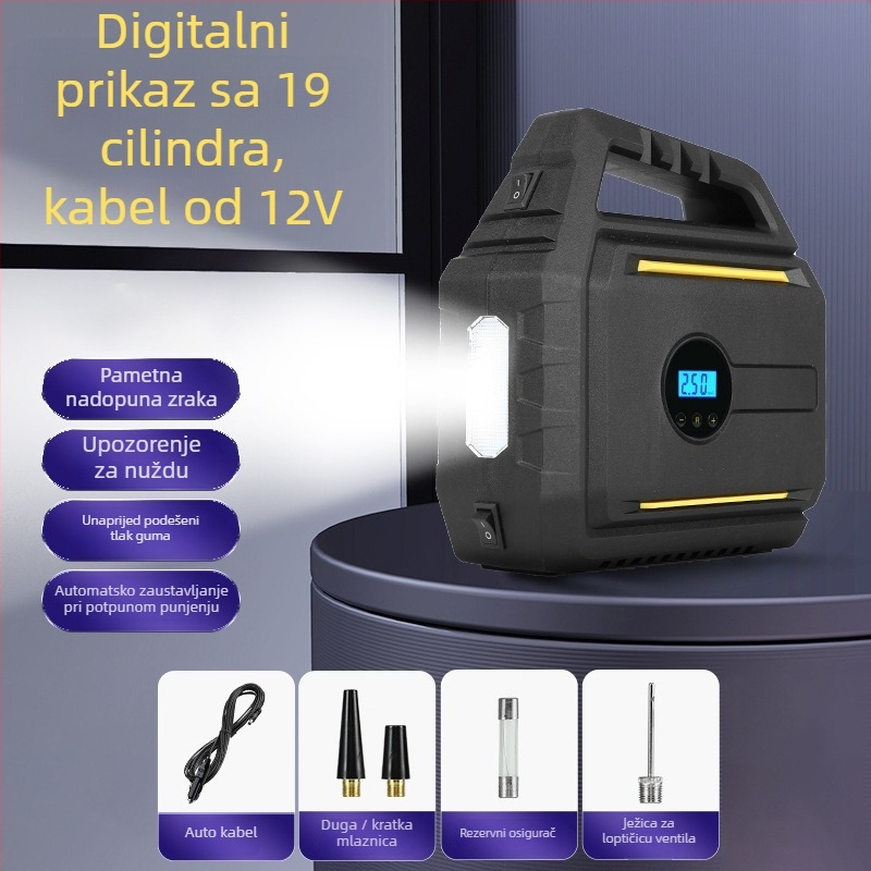 Automobilska pumpa za zrak s ugrađenim izvorom napajanja i power bankom – prenosna sve-u-jednom jedinica, 12V, 120W, kabel 2,8 m, 60 cm cijev, digitalni zaslon