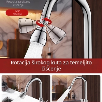 Cjelovita bakrena spojka za slavinu s okretno zaštitom od prskanja i univerzalnim produživačem — ABS/bakar, elektroplatirani završni sloj, 0–100°C, spiralna ugradnja, rotirajuće