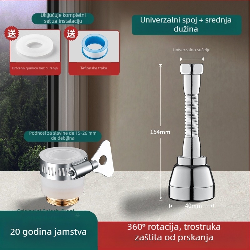 Cjelovita bakrena spojka za slavinu s okretno zaštitom od prskanja i univerzalnim produživačem — ABS/bakar, elektroplatirani završni sloj, 0–100°C, spiralna ugradnja, rotirajuće