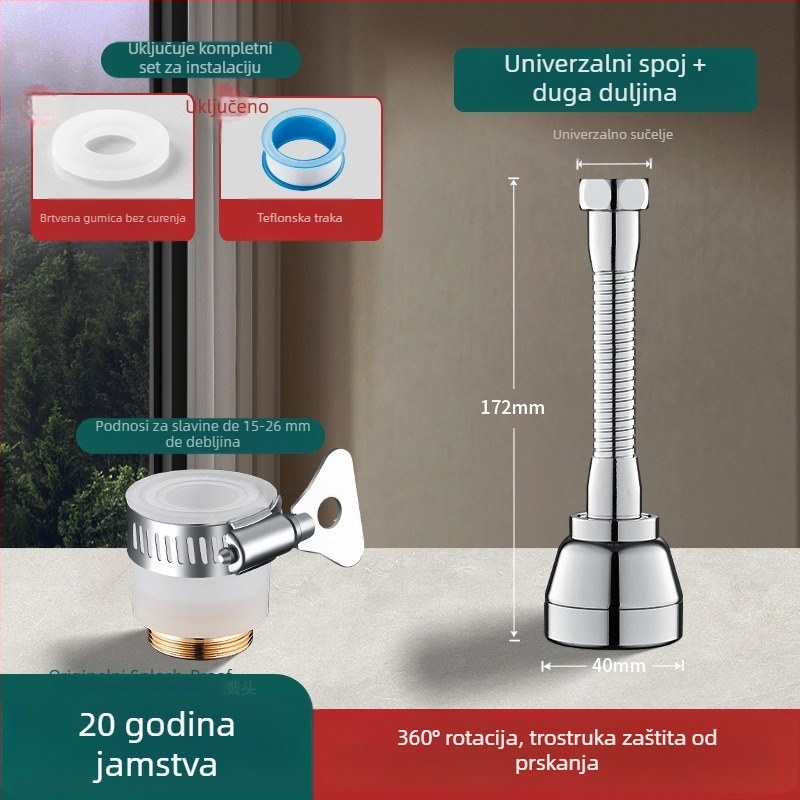 Cjelovita bakrena spojka za slavinu s okretno zaštitom od prskanja i univerzalnim produživačem — ABS/bakar, elektroplatirani završni sloj, 0–100°C, spiralna ugradnja, rotirajuće