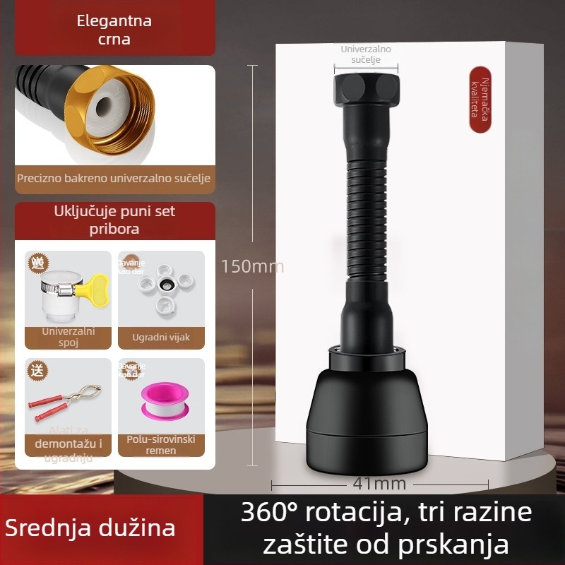 Cjelovita bakrena spojka za slavinu s okretno zaštitom od prskanja i univerzalnim produživačem — ABS/bakar, elektroplatirani završni sloj, 0–100°C, spiralna ugradnja, rotirajuće