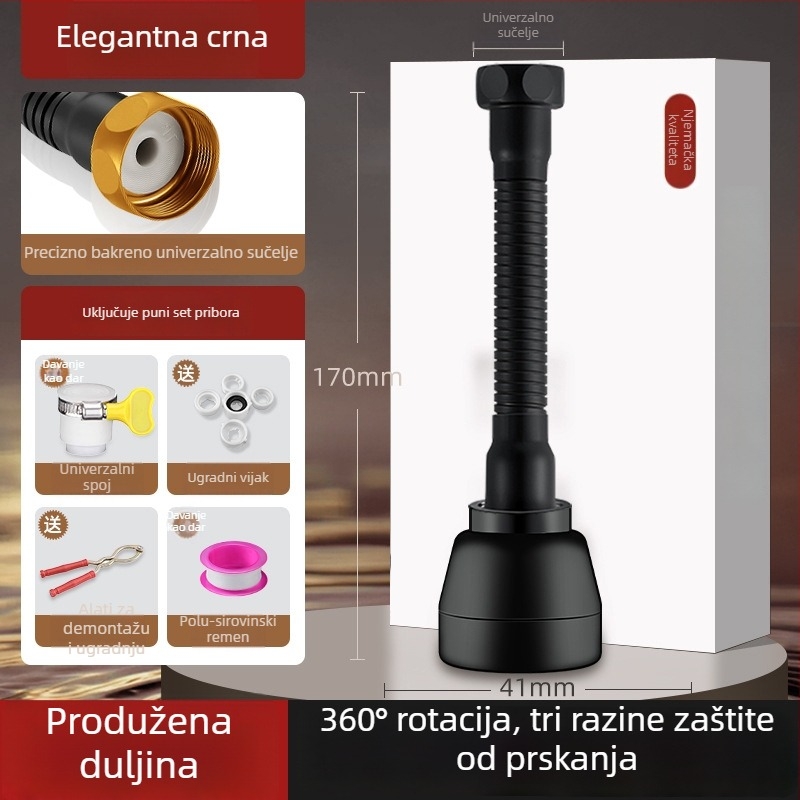 Cjelovita bakrena spojka za slavinu s okretno zaštitom od prskanja i univerzalnim produživačem — ABS/bakar, elektroplatirani završni sloj, 0–100°C, spiralna ugradnja, rotirajuće