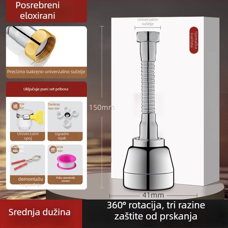 Cjelovita bakrena spojka za slavinu s okretno zaštitom od prskanja i univerzalnim produživačem — ABS/bakar, elektroplatirani završni sloj, 0–100°C, spiralna ugradnja, rotirajuće