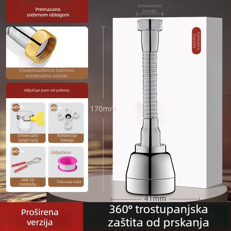 Cjelovita bakrena spojka za slavinu s okretno zaštitom od prskanja i univerzalnim produživačem — ABS/bakar, elektroplatirani završni sloj, 0–100°C, spiralna ugradnja, rotirajuće