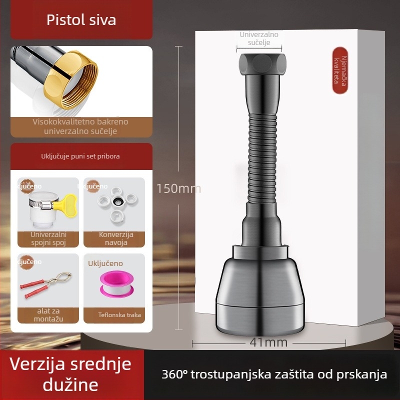 Cjelovita bakrena spojka za slavinu s okretno zaštitom od prskanja i univerzalnim produživačem — ABS/bakar, elektroplatirani završni sloj, 0–100°C, spiralna ugradnja, rotirajuće