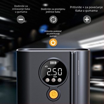 Bežična automobilska pumpa s digitalnim prikazom i mjeračem tlaka guma | 12V, 120W, ABS kućište, napajanje USB ili utičnica za cigaretu, dugi kabel 3 m/1 m, jednosilindrični dizajn