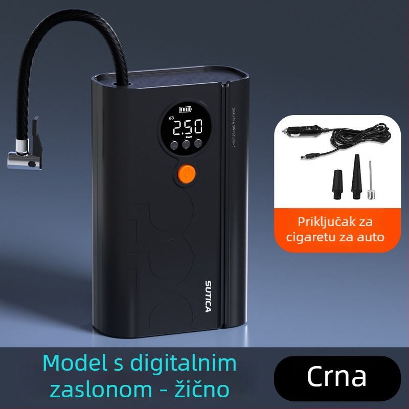 Bežična automobilska pumpa s digitalnim prikazom i mjeračem tlaka guma | 12V, 120W, ABS kućište, napajanje USB ili utičnica za cigaretu, dugi kabel 3 m/1 m, jednosilindrični dizajn