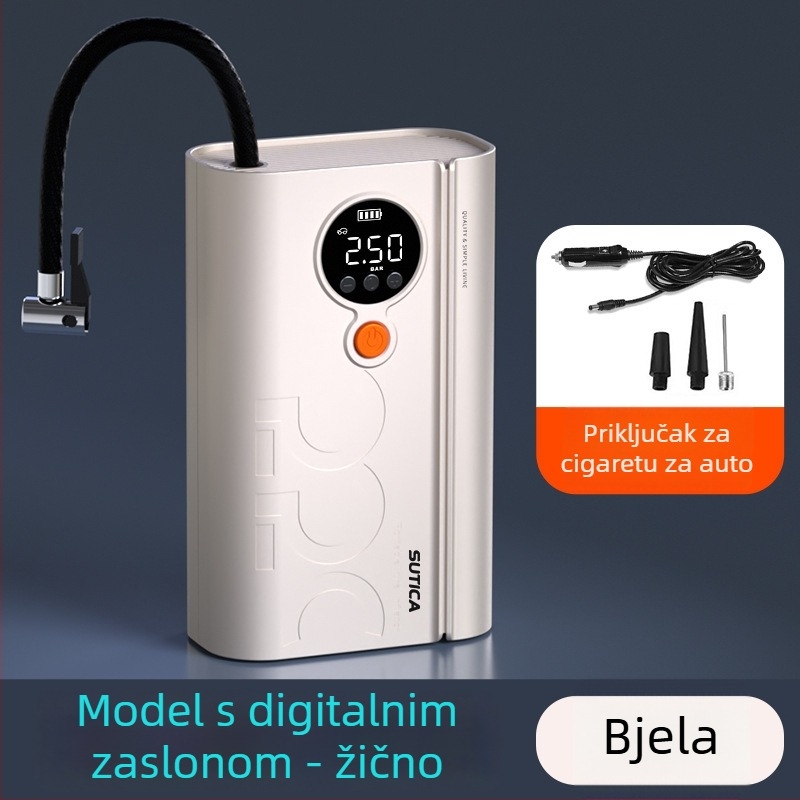Bežična automobilska pumpa s digitalnim prikazom i mjeračem tlaka guma | 12V, 120W, ABS kućište, napajanje USB ili utičnica za cigaretu, dugi kabel 3 m/1 m, jednosilindrični dizajn