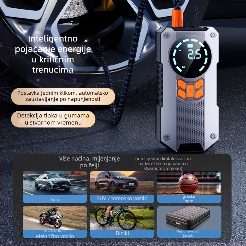 Bežični prijenosni električni kompresor za automobil s napajanjem u nuždi, višenamjenski, 12V