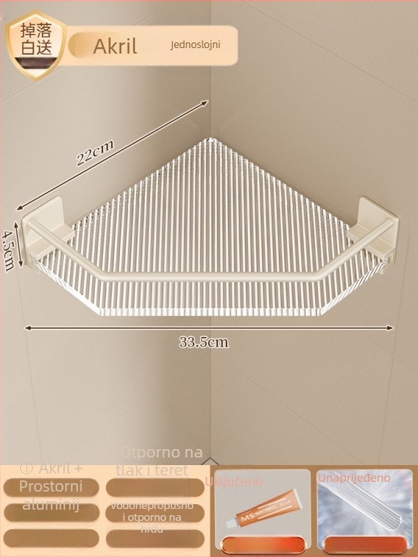 Kupaonski trokutasti kutni polic, bez rupa, konstrukcija od plastike i aluminija, premaz s pečenom bojom, 1 polica, kut u obliku ventilatora